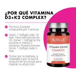 Nutralie Vitamina D3 + K2 Complex 60 Softgels, Vitamina D3 10.000 UI con K2 MK-7